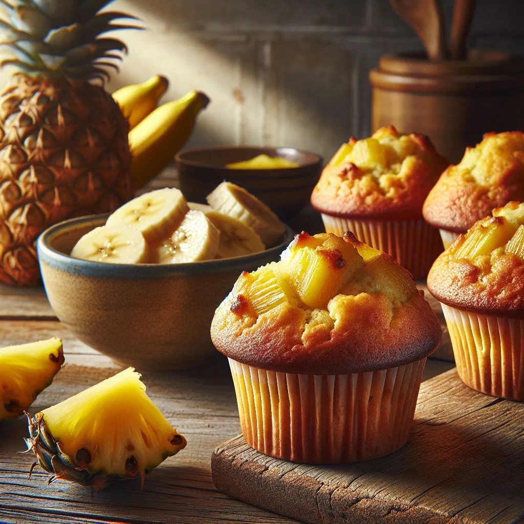 Golden pineapple and banana muffins dusted with icing sugar