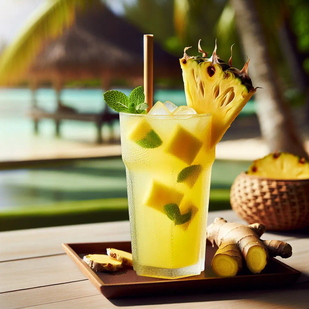 A glass of pineapple and ginger cooler over ice with fresh pineapple garnish
