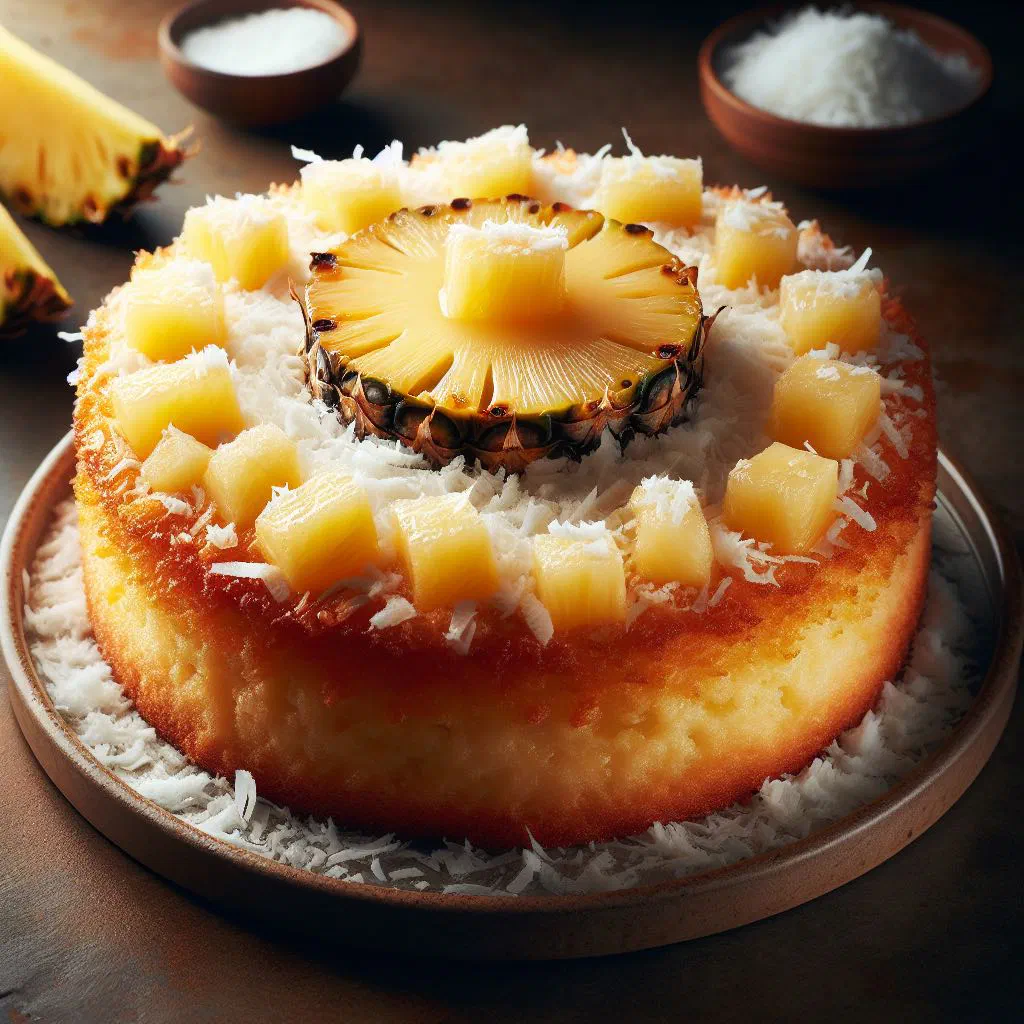 Slice of golden pineapple coconut cake topped with toasted coconut