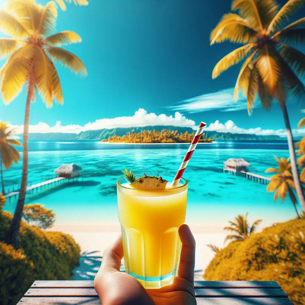 Glass of fresh Fijian pineapple juice garnished with pineapple and mint