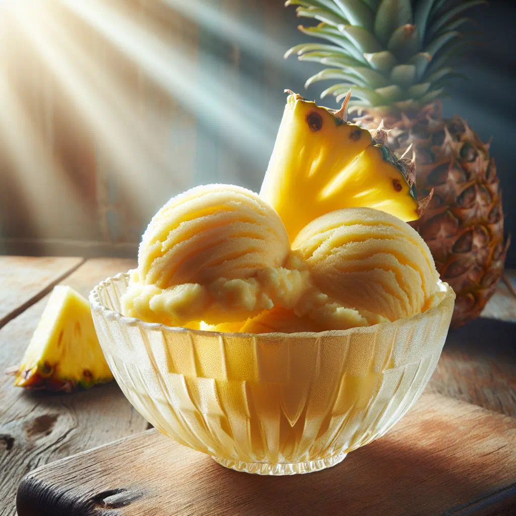 Scoops of golden pineapple sorbet garnished with fresh mint