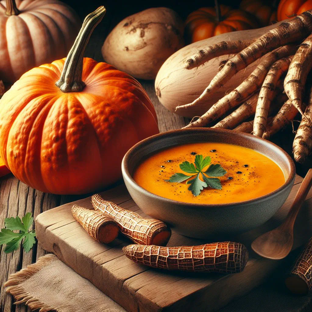 Creamy pumpkin and cassava soup garnished with fresh herbs and a swirl of coconut milk