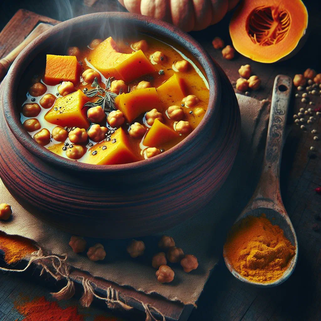Pumpkin and chickpea stew in coconut milk garnished with fresh coriander