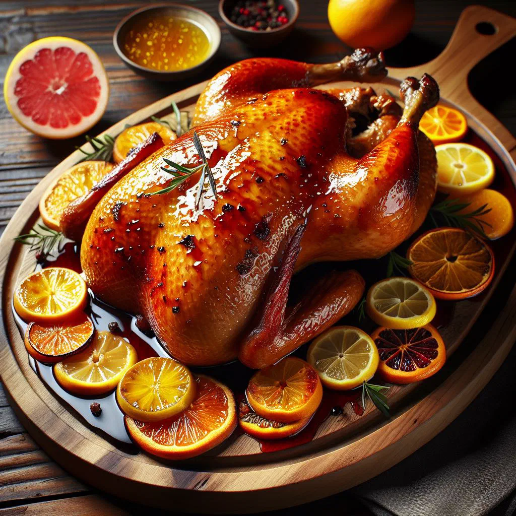 Sliced roast duck breast finished with a glossy citrus glaze and fresh herbs