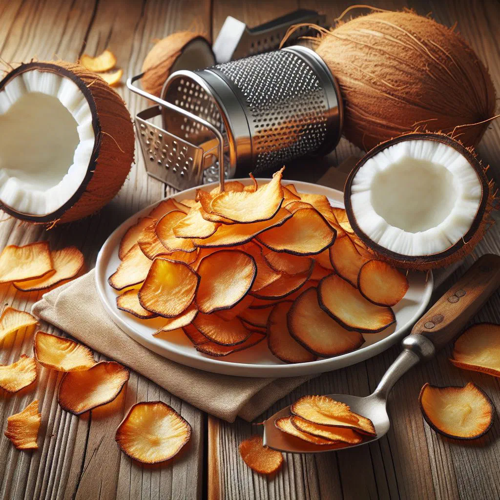 Golden roasted coconut chips piled in a bowl