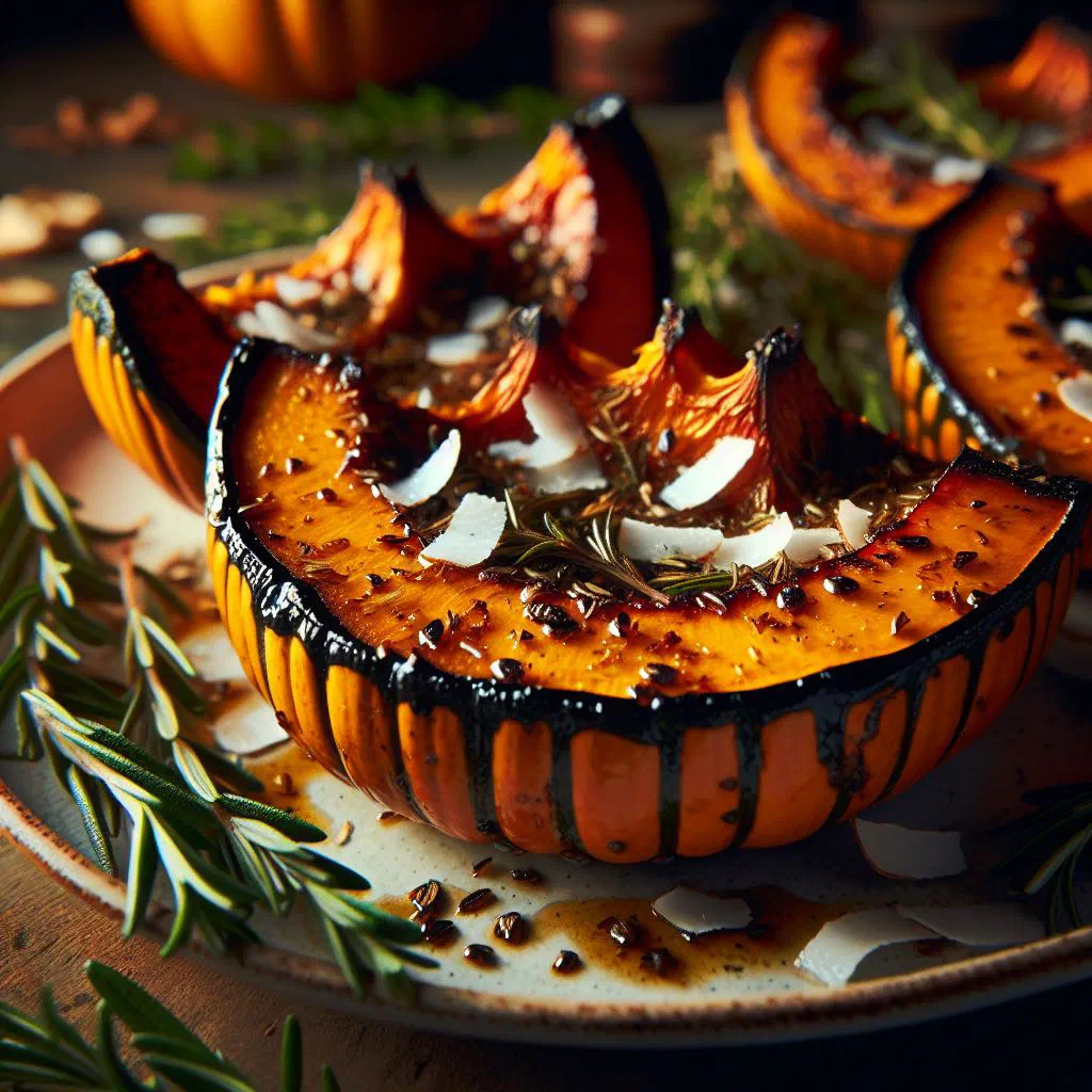 Roasted pumpkin pieces in creamy coconut milk garnished with fresh herbs