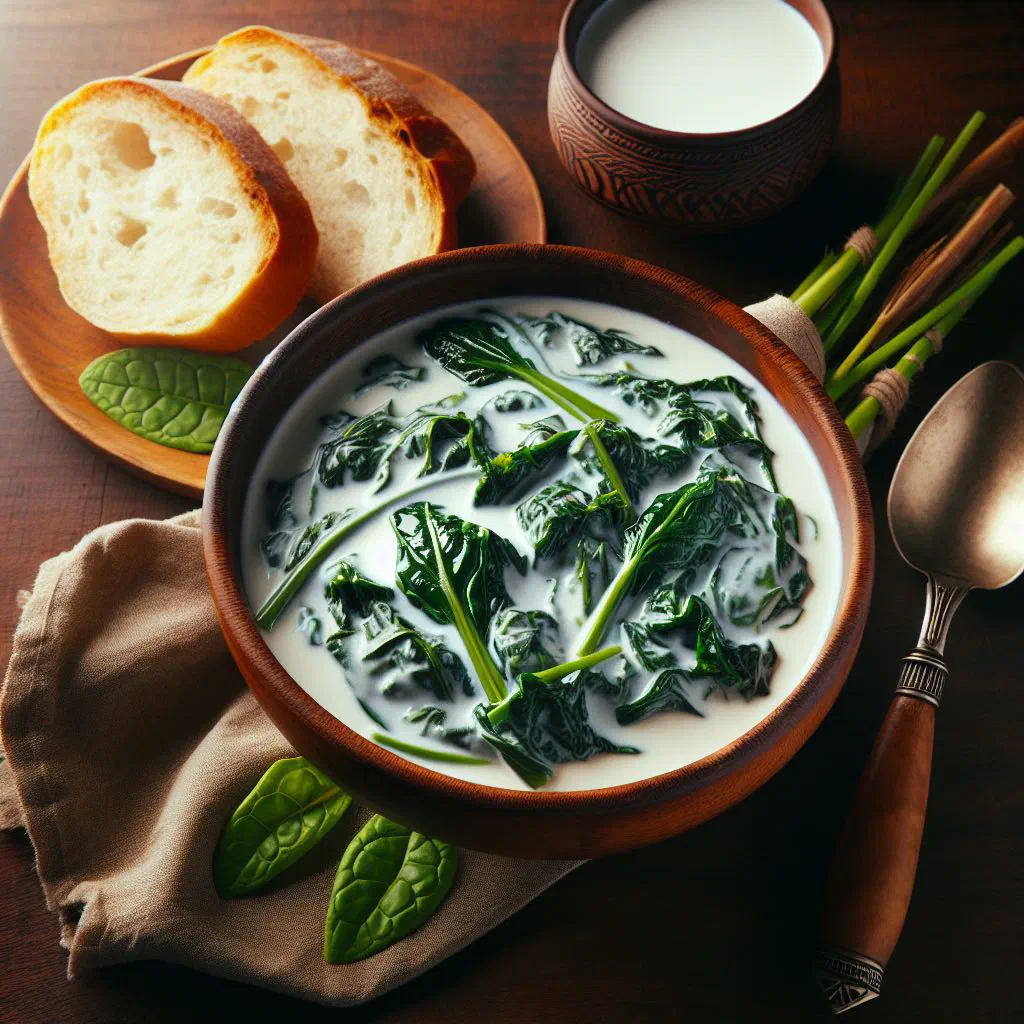 Creamy Fijian rourou of taro leaves simmered in coconut milk, served in a bowl