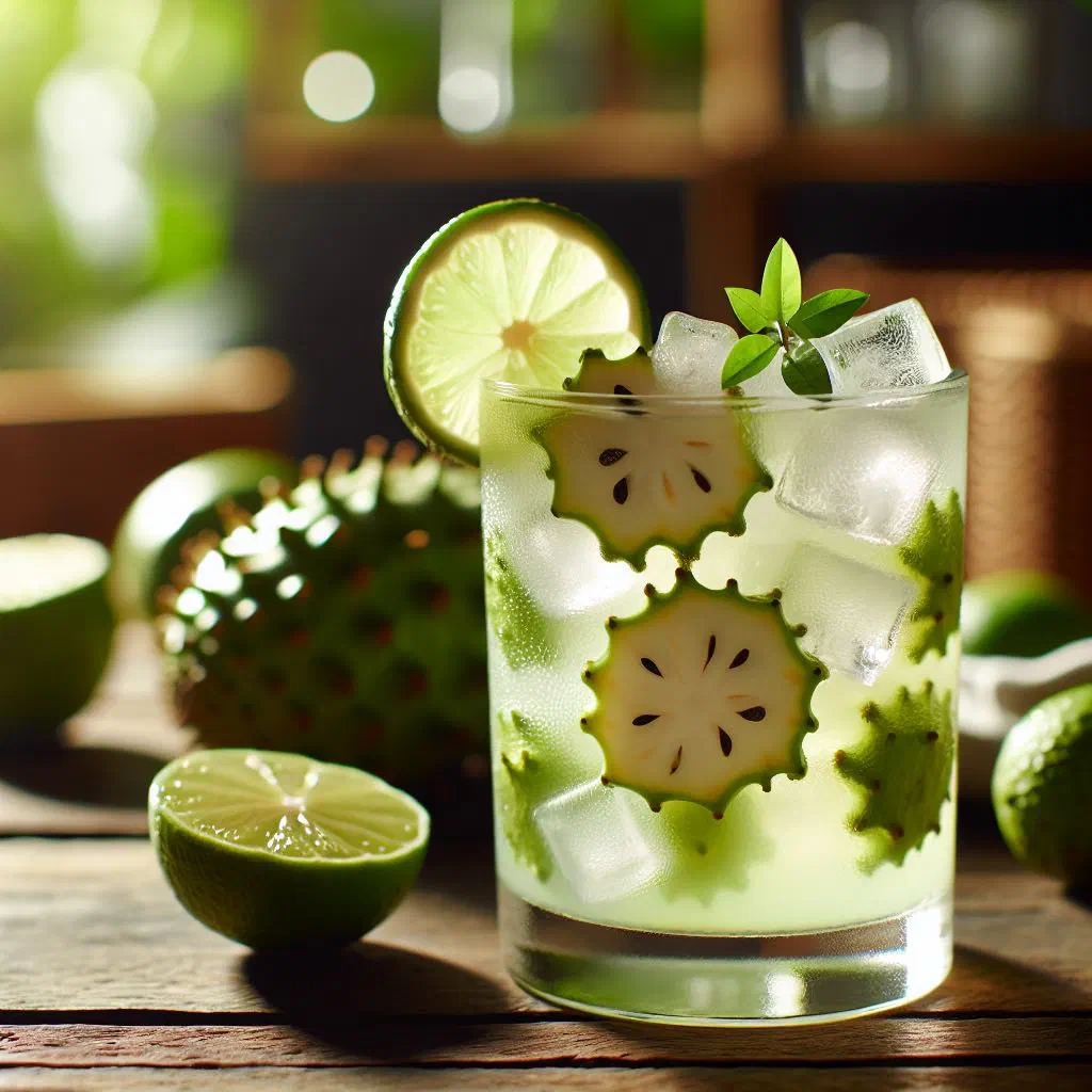 Chilled soursop and lime drink garnished with fresh mint and a lime slice