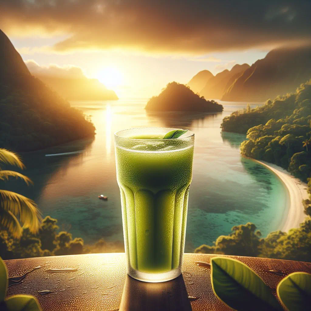 A chilled glass of Fijian soursop juice garnished with fresh mint and lime