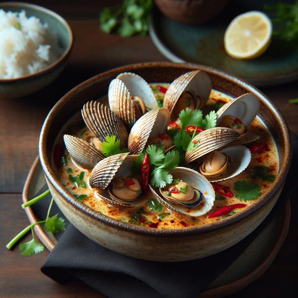 Spicy coconut clams in their shells with coconut sauce and fresh coriander
