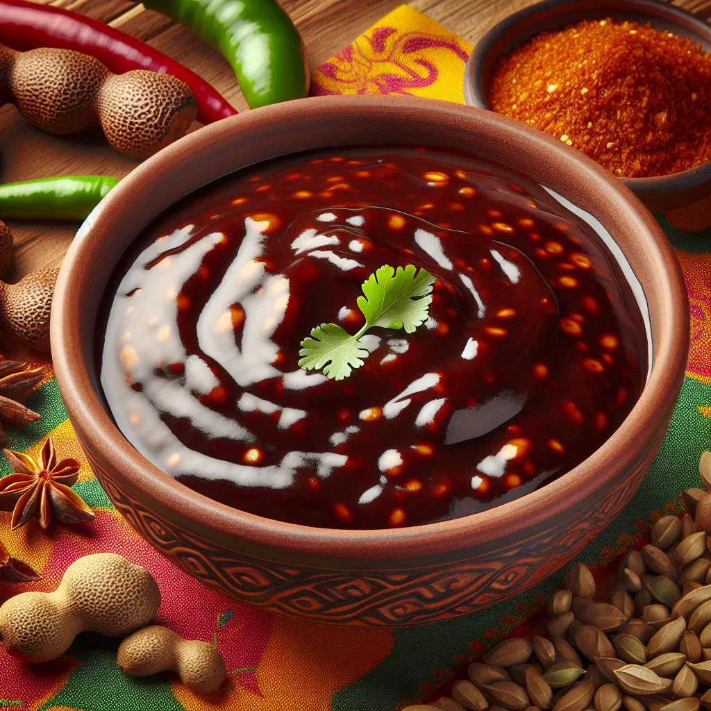 Bowl of spicy tamarind chutney garnished with fresh coriander