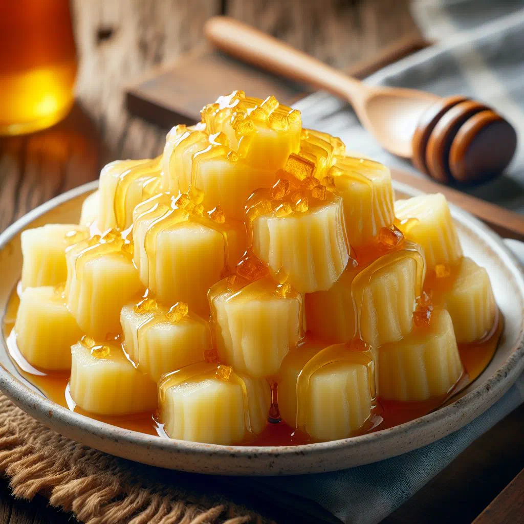 Steamed cassava pieces drizzled with golden honey in a bowl