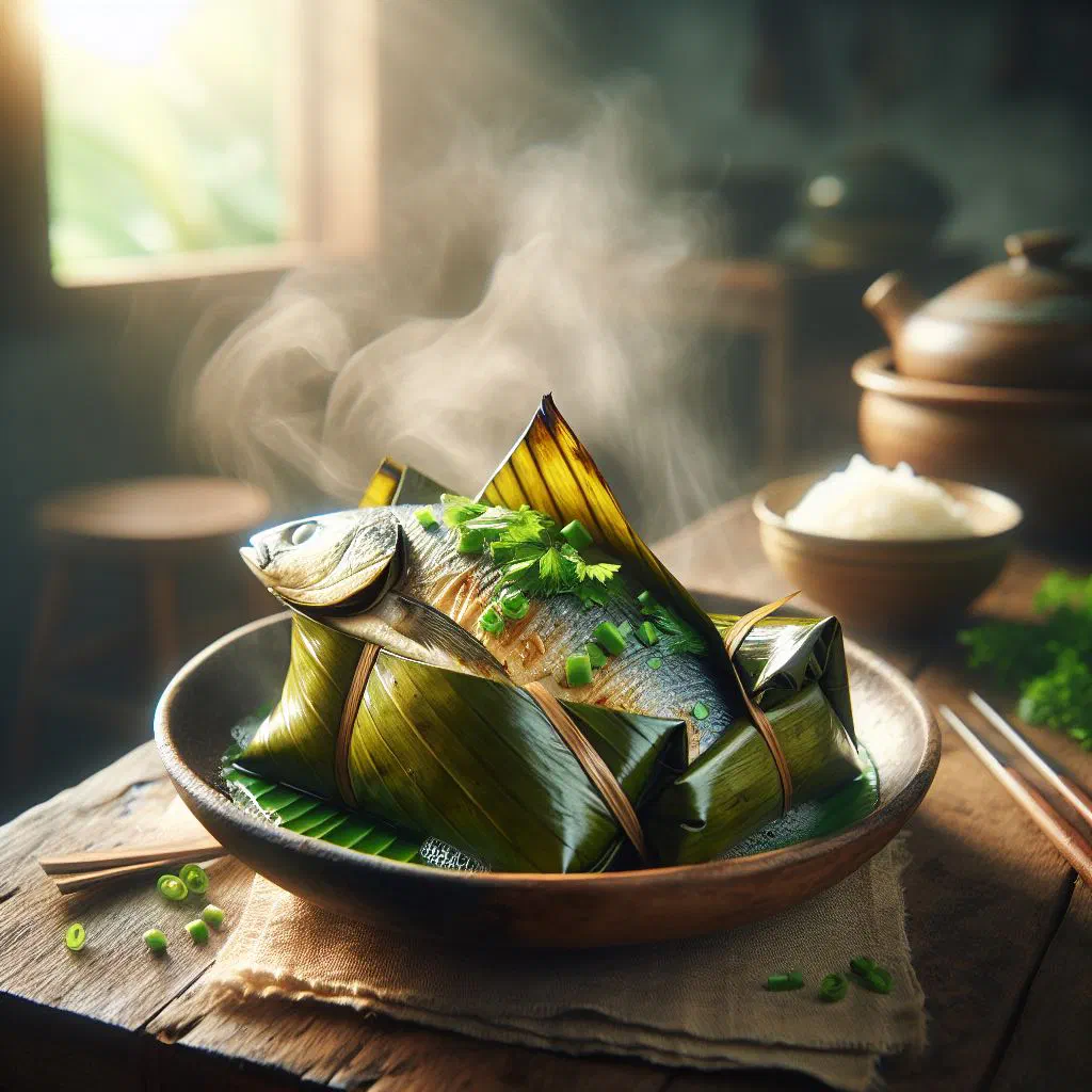 Steamed fish wrapped in banana leaves, garnished with fresh coriander and lime