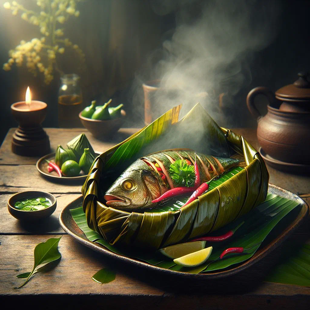 Steamed reef fish wrapped in banana leaves with vegetables and fresh herbs