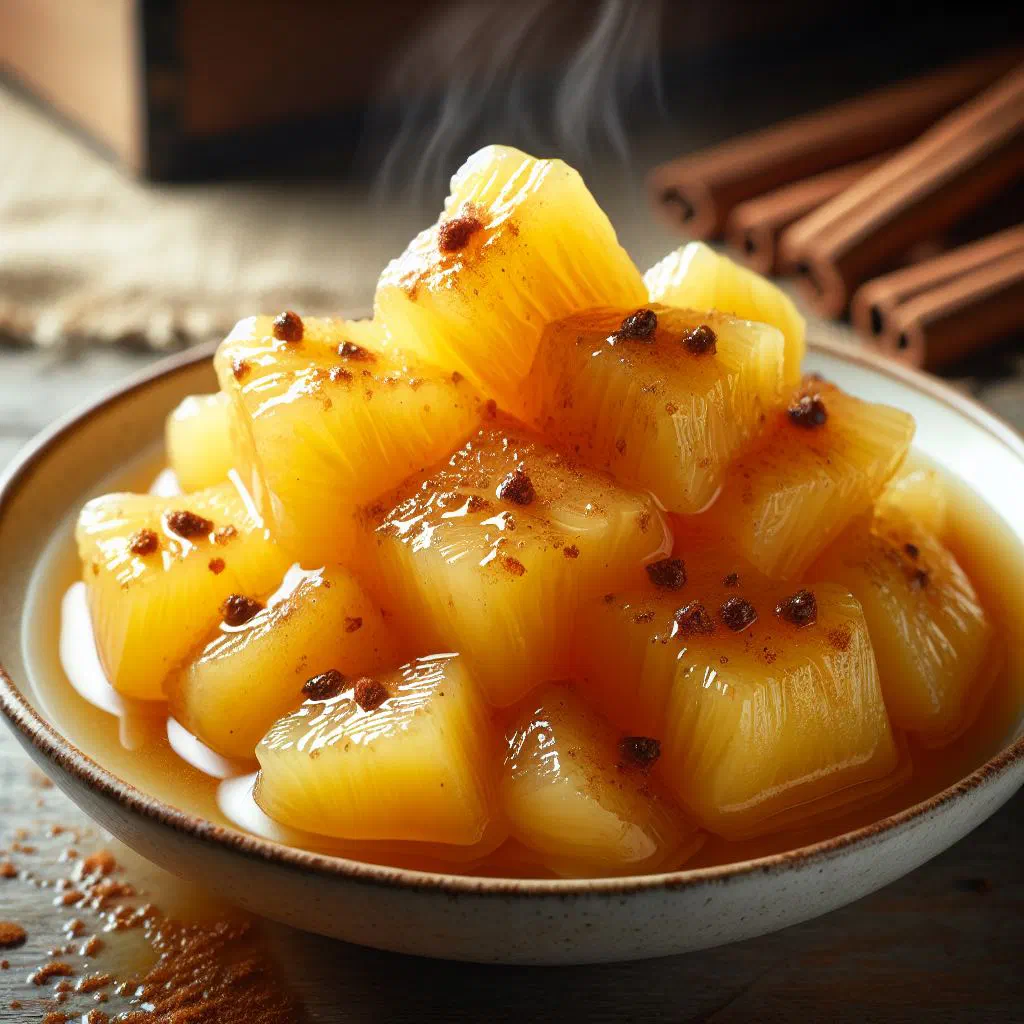 Caramelised pineapple slices stewed with cinnamon, served warm