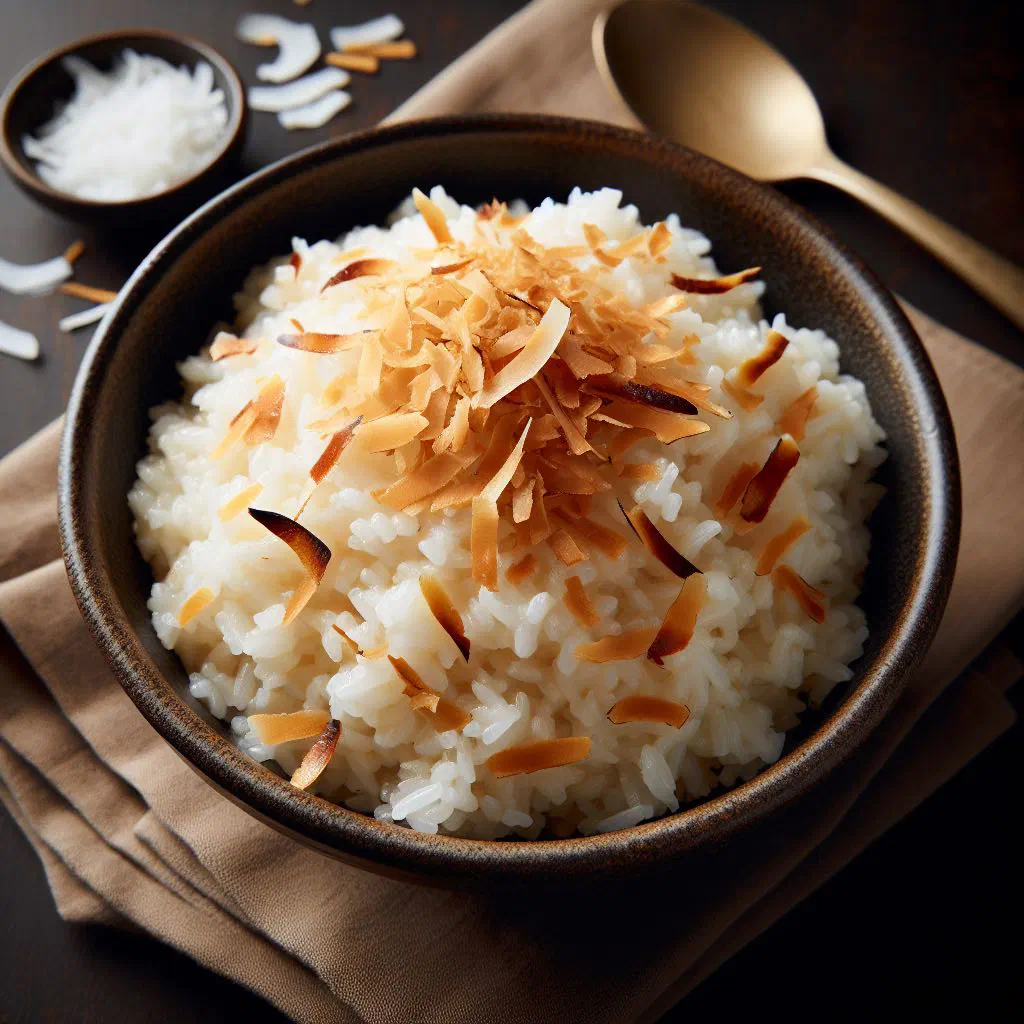Bowl of sticky coconut rice topped with fresh mango slices