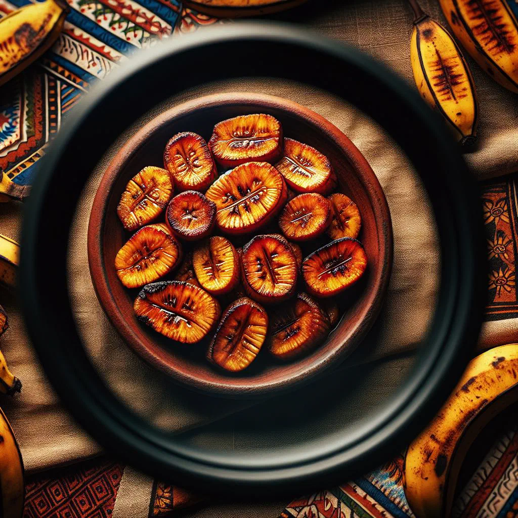 Golden caramelised sweet plantain slices garnished with fresh herbs