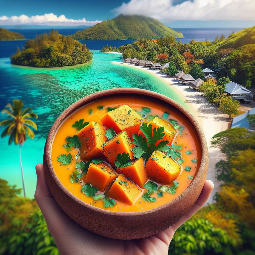 Bowl of creamy Fijian sweet potato soup garnished with fresh herbs