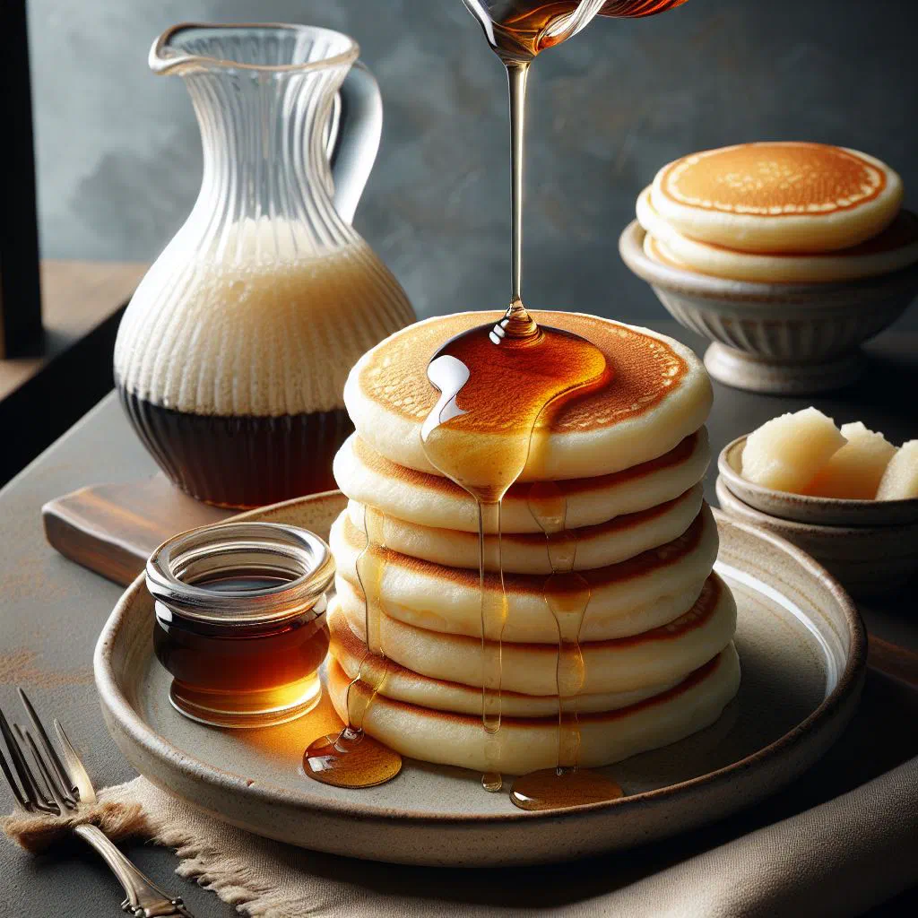 Golden tapioca pancakes stacked on a plate and drizzled with syrup