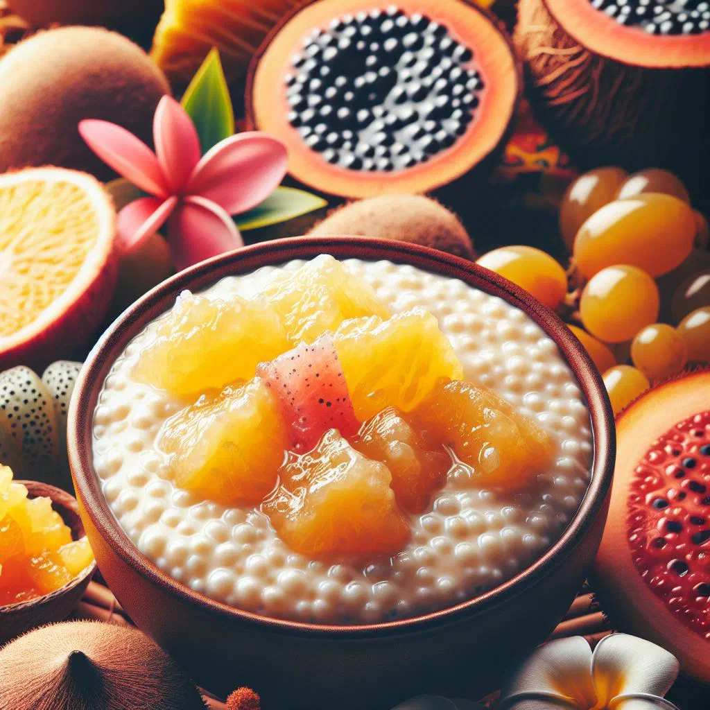 Creamy Fijian tapioca pudding topped with fresh tropical fruit