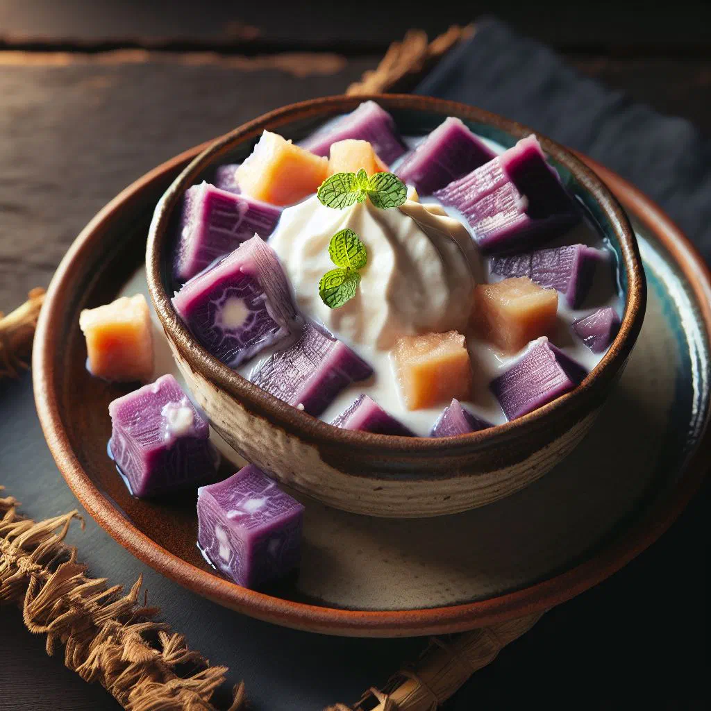 Creamy taro and coconut dessert in small glasses topped with fresh fruit