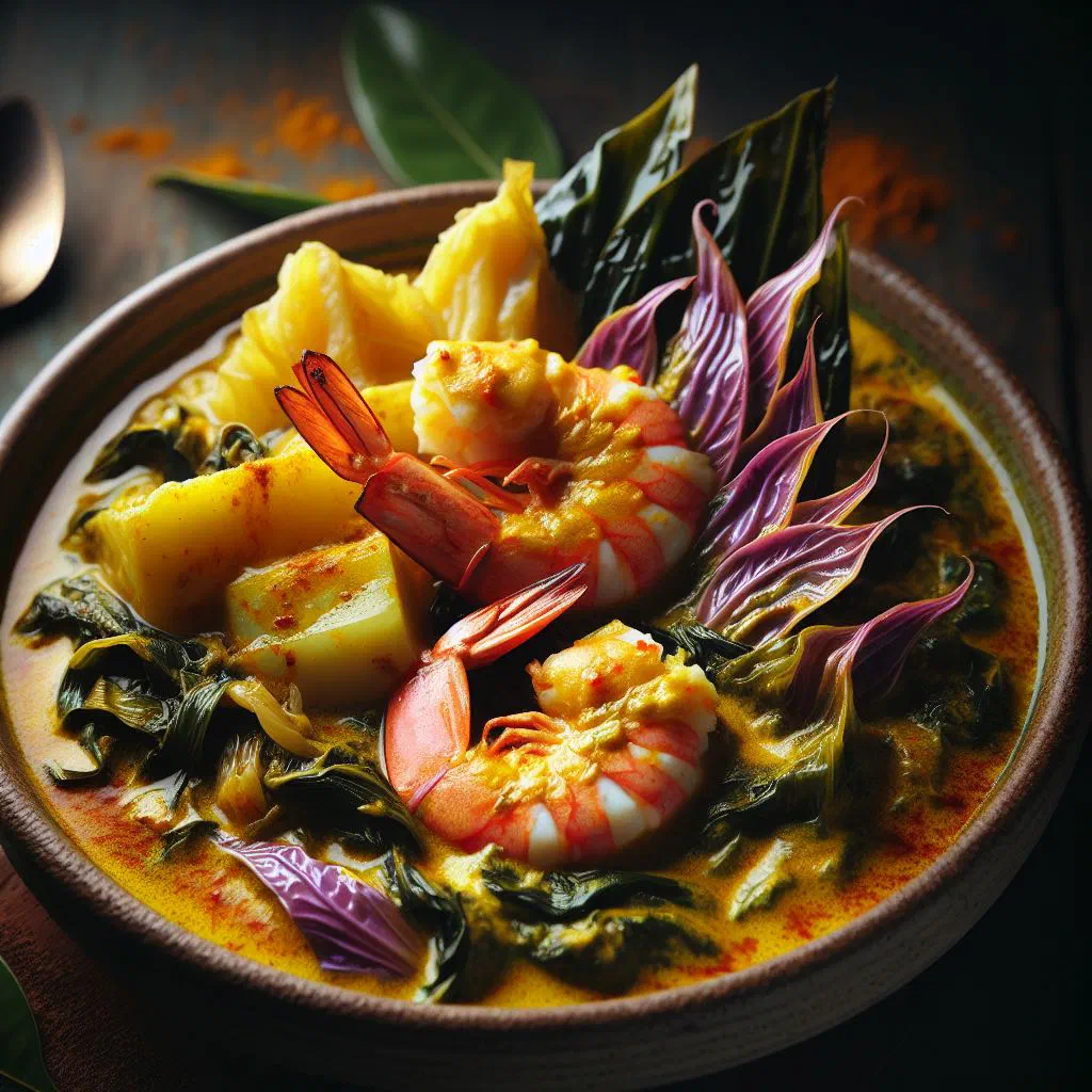 Taro leaf and prawn curry in coconut milk, garnished with fresh coriander