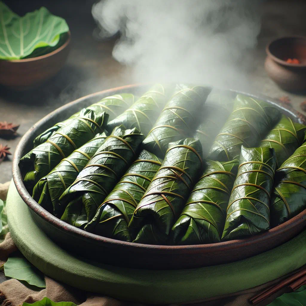 Steamed taro leaf wraps parcels on a plate with fresh herbs