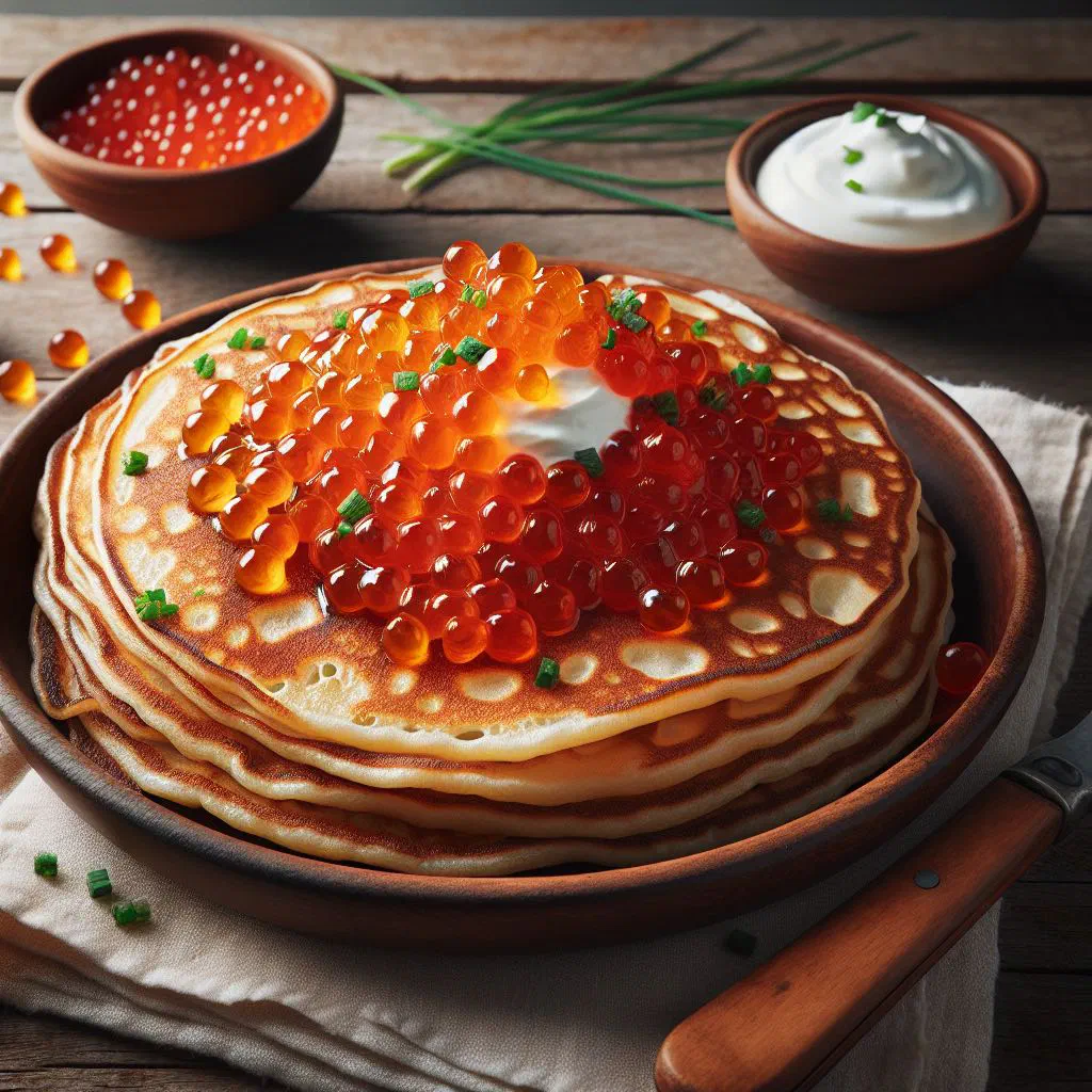 Buckwheat blini topped with fish roe, soured cream and fresh dill