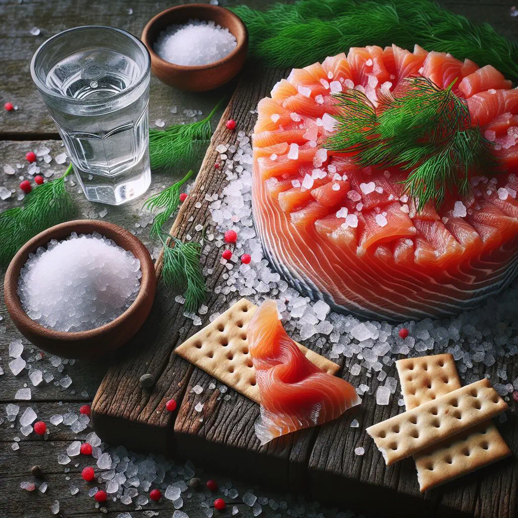 Thinly sliced cured salmon with fresh dill and rye bread