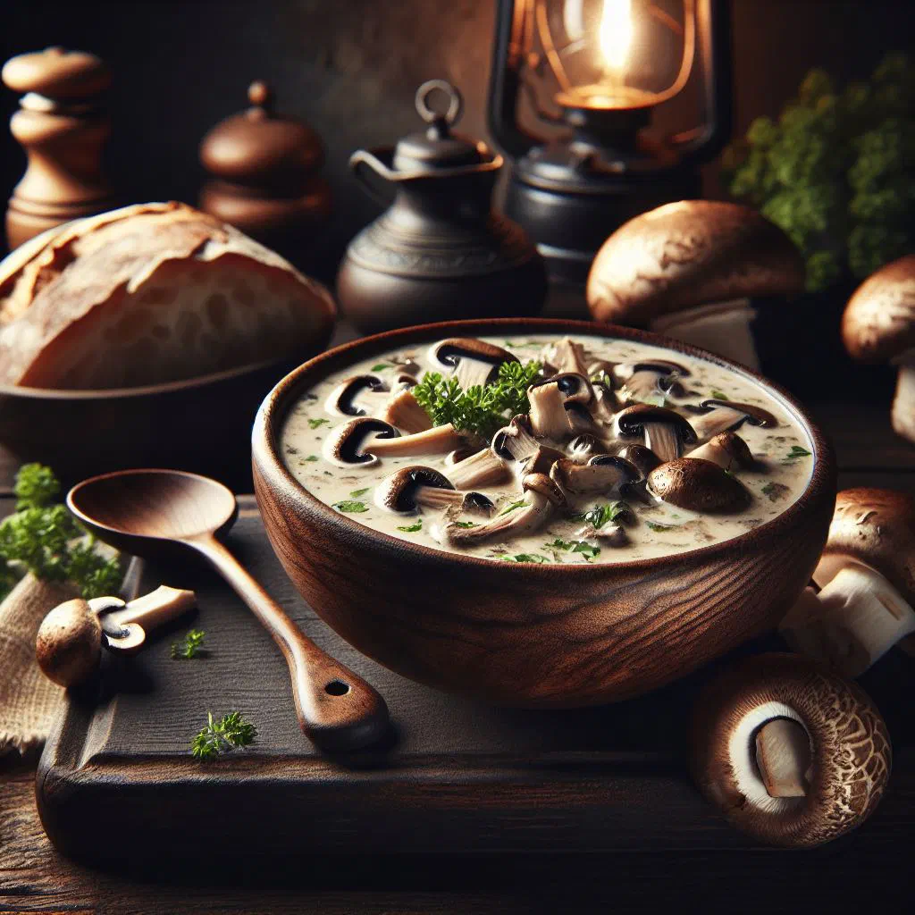 Creamy Finnish porcini mushroom soup garnished with fresh herbs