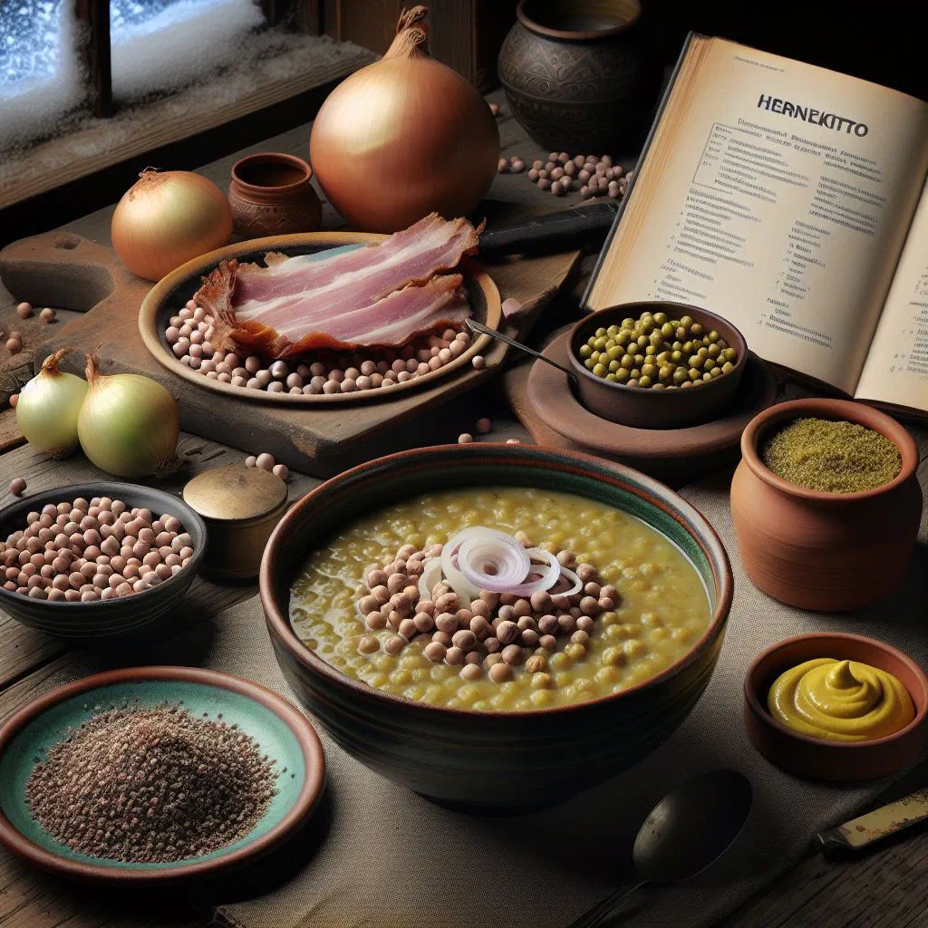 Bowl of thick Finnish pea soup garnished with fresh herbs