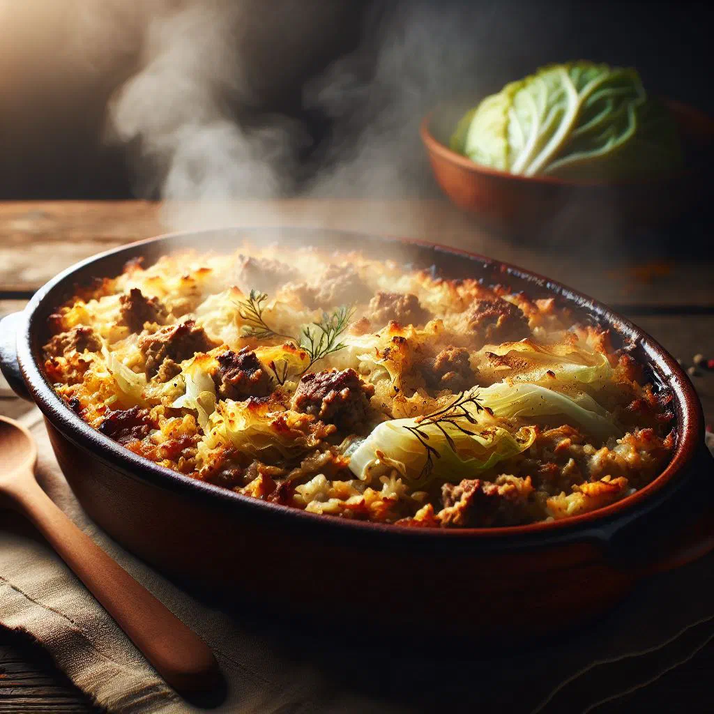 Finnish kaalilaatikko cabbage and rice bake served in a deep dish