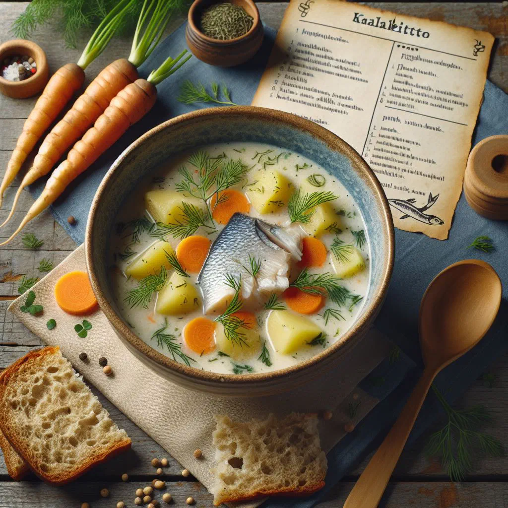 Creamy Finnish fish soup with potatoes, carrots and fresh dill