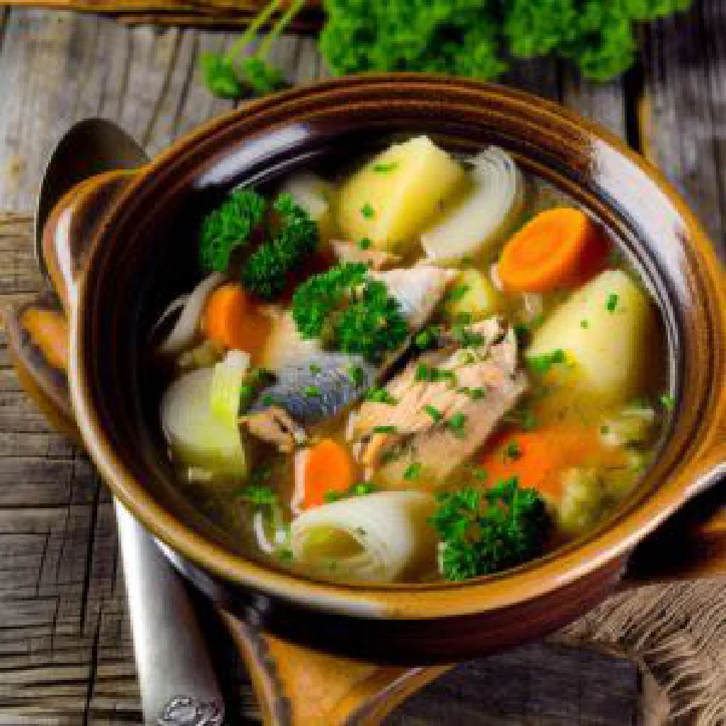 Bowl of Finnish kalavarras fish soup with potatoes, carrots and fresh dill