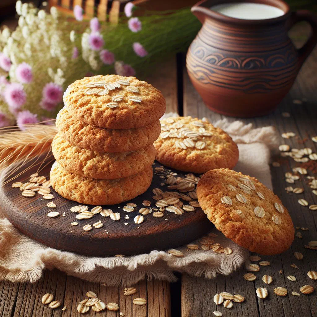 Golden Finnish oat biscuits cooling on a wooden board beside a cup of coffee