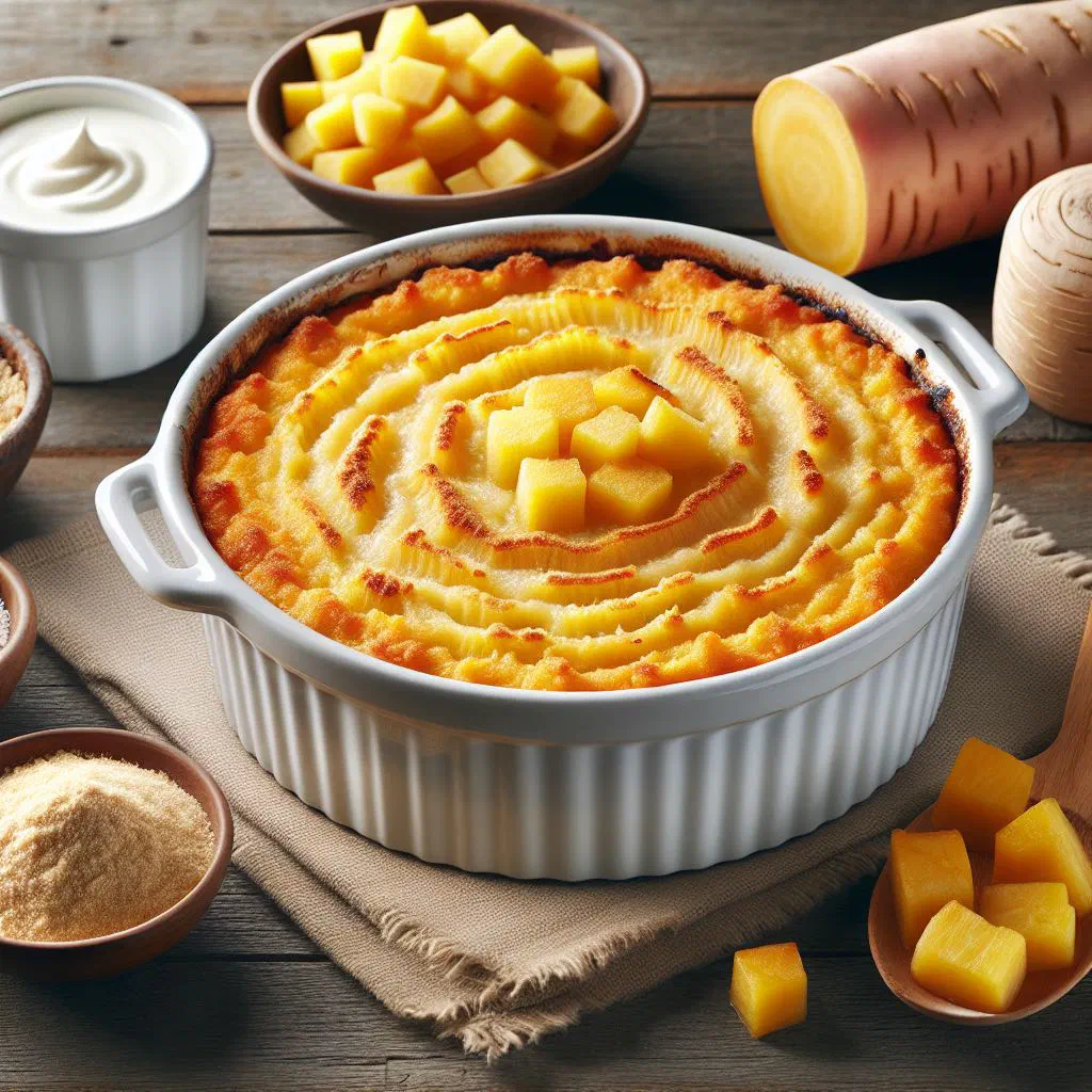 Golden baked swede casserole in a dish, garnished with fresh herbs