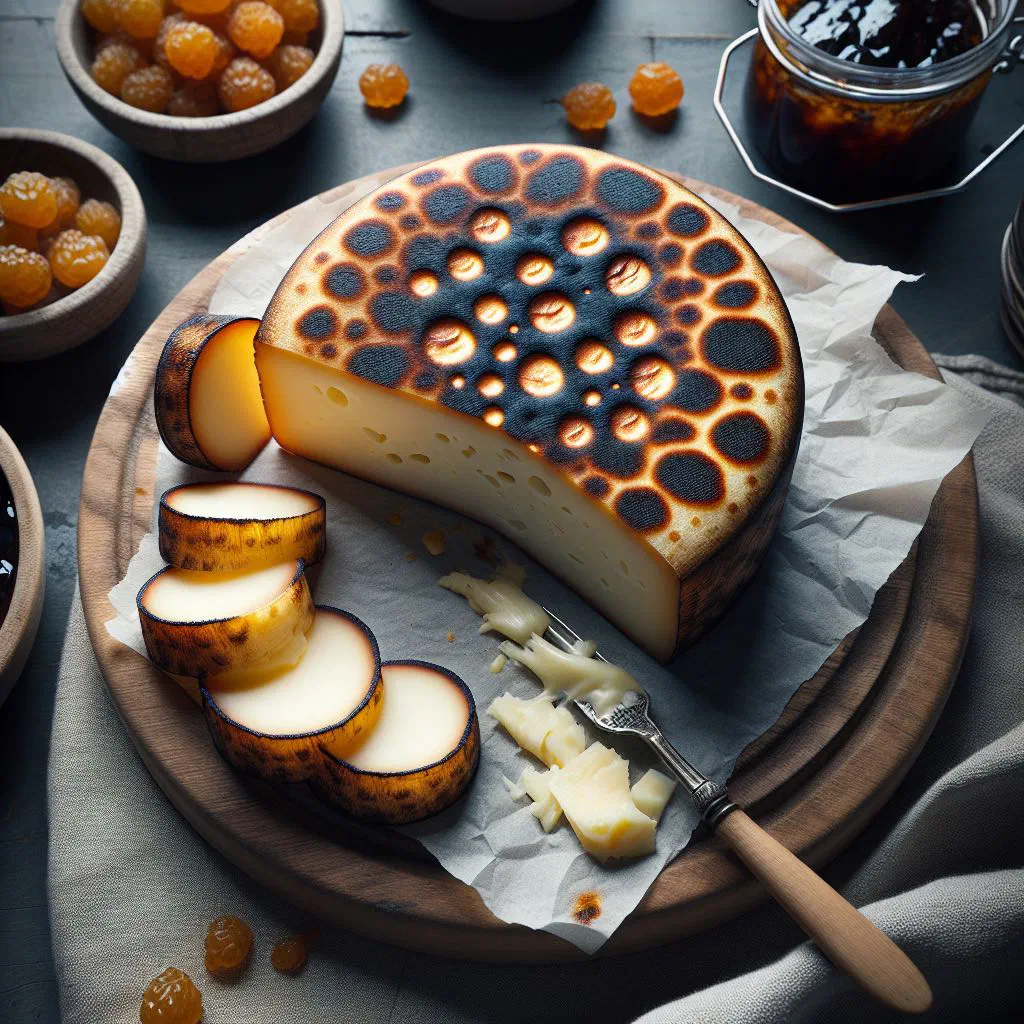 Golden-browned Leipäjuusto bread cheese served with berries and jam