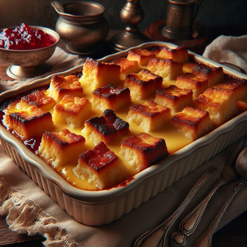 Baked Finnish bread pudding with a golden top, dusted with icing sugar