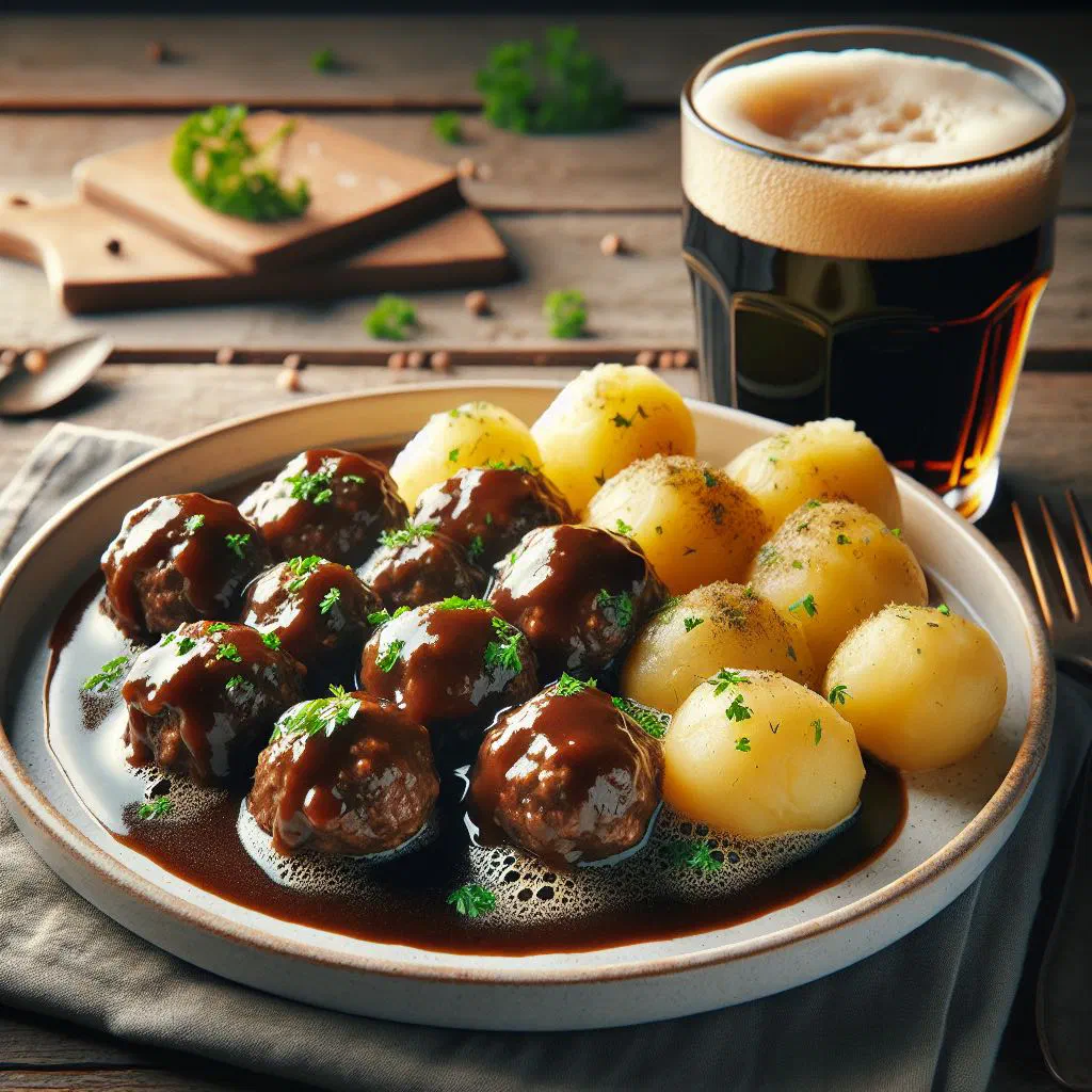 Finnish lihapullat meatballs in creamy sauce with mashed potatoes