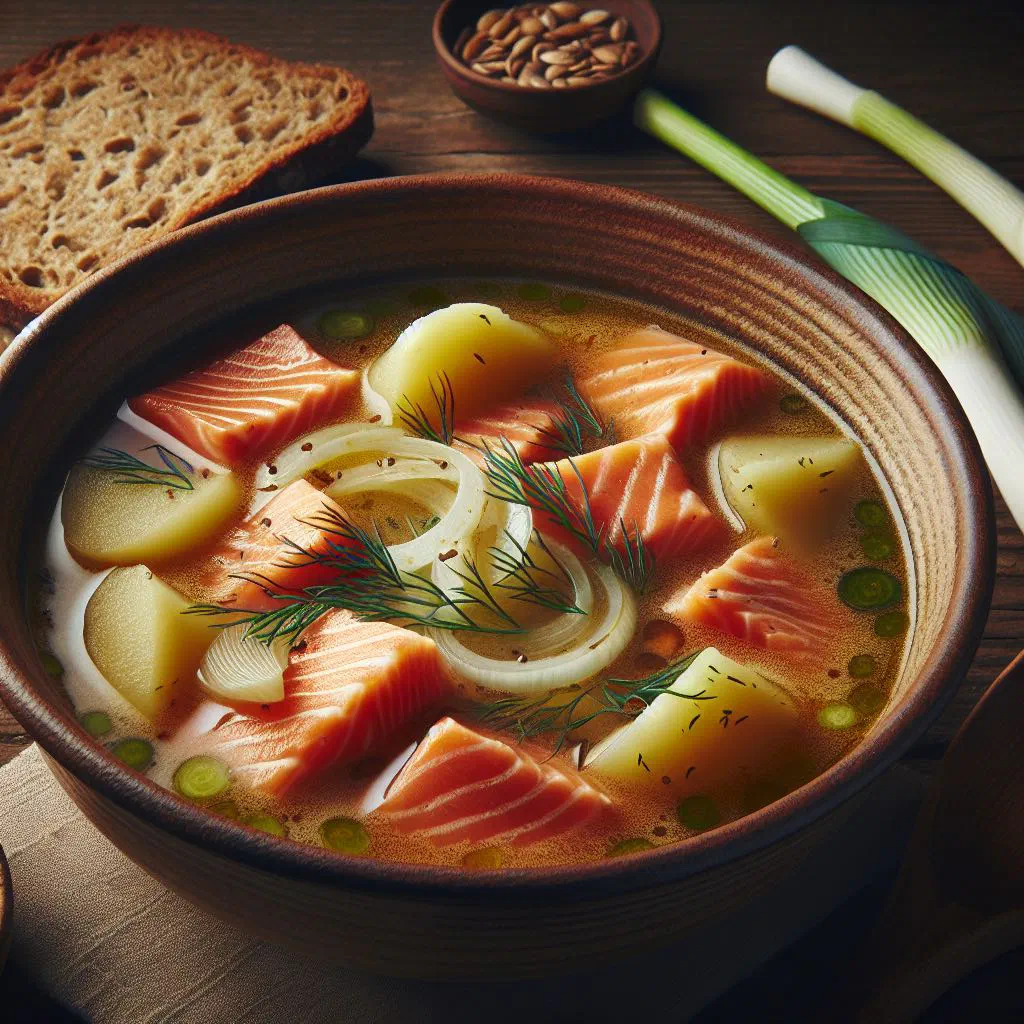 A bowl of creamy Finnish salmon soup topped with fresh dill