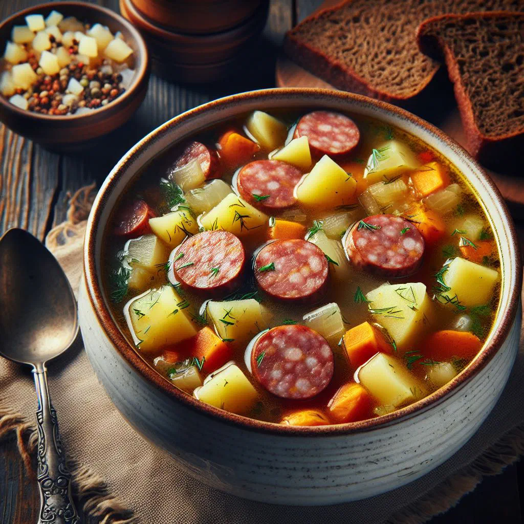 Creamy Finnish sausage soup with potatoes and carrots, garnished with parsley