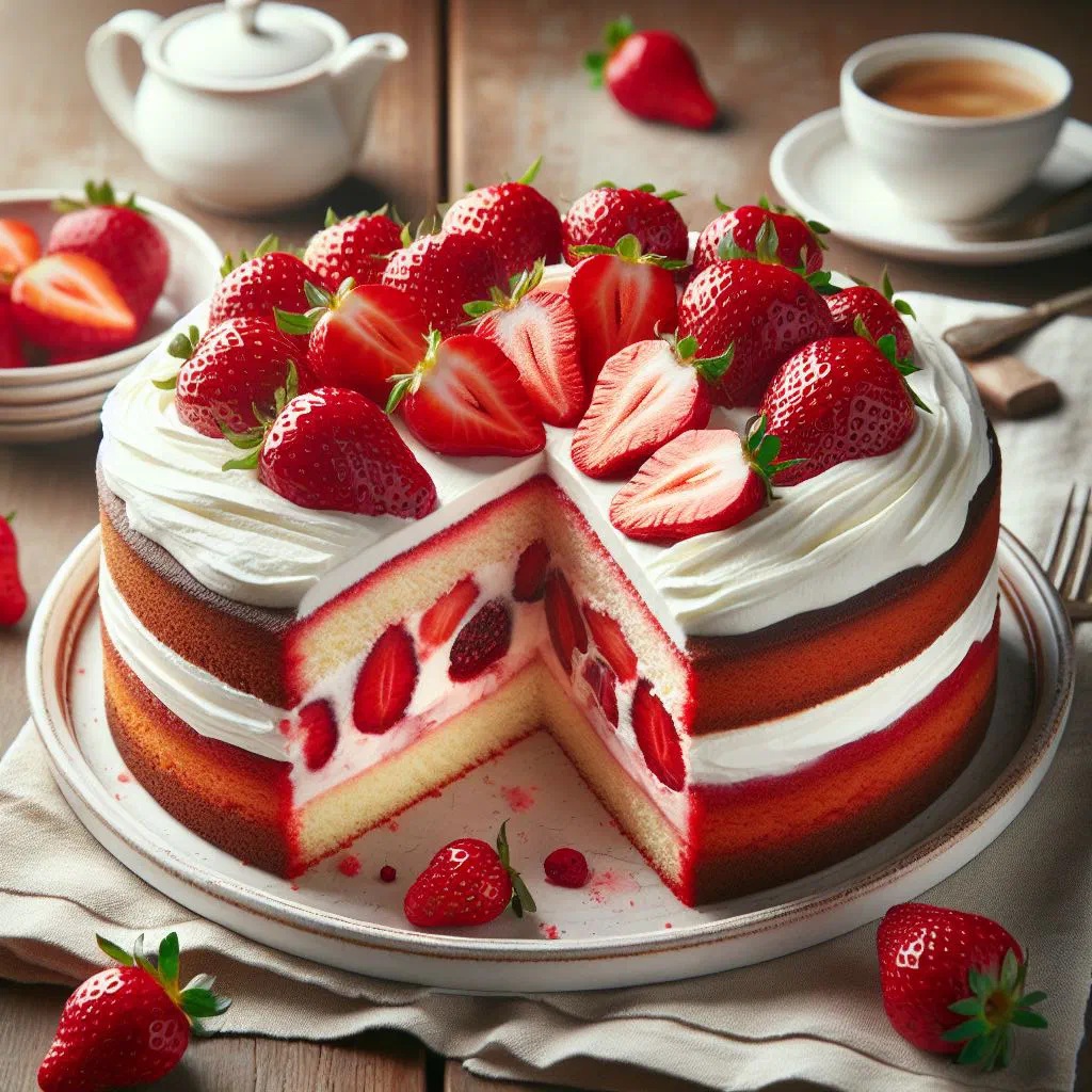 Finnish strawberry cake topped with fresh strawberries and icing sugar
