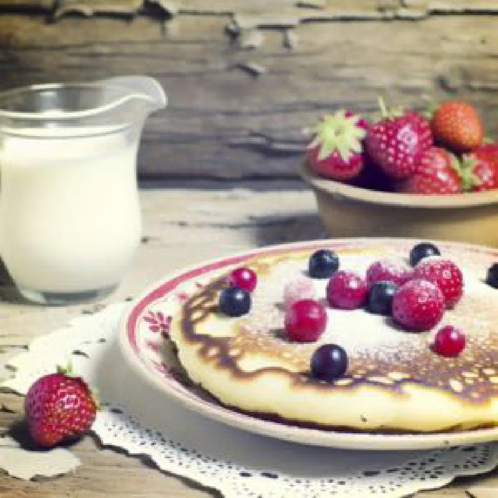 Golden Finnish oven pancake in a baking dish with fresh berries