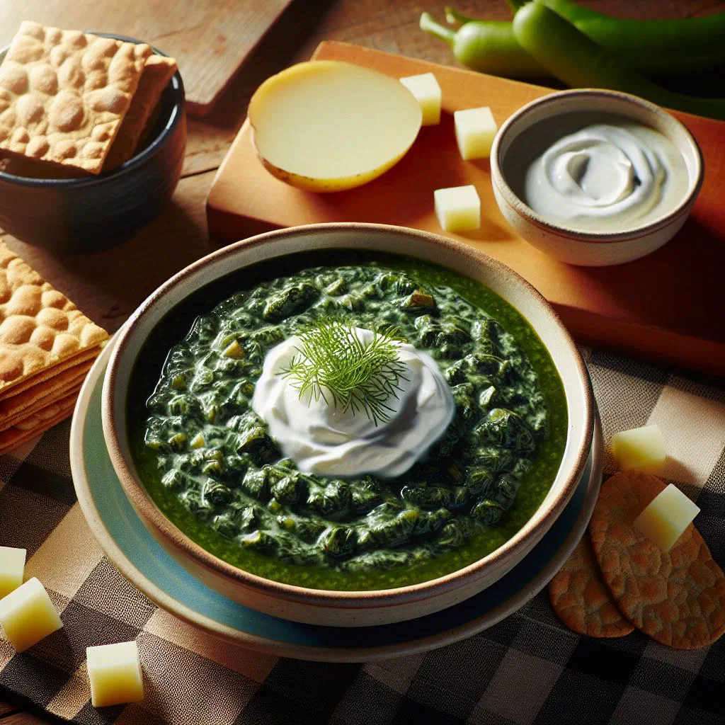 Creamy Finnish spinach soup served in a deep bowl with a swirl of cream
