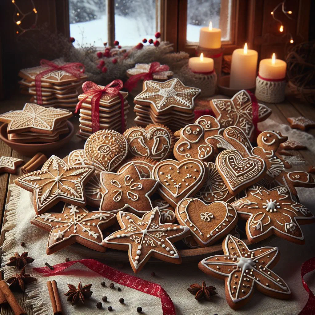 Thin Finnish gingerbread biscuits decorated with white icing on a festive plate