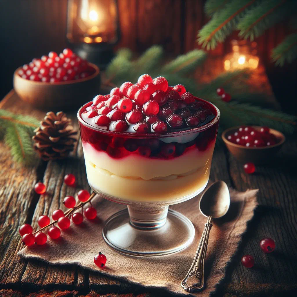 Creamy lingonberry quark dessert in a bowl topped with fresh berries