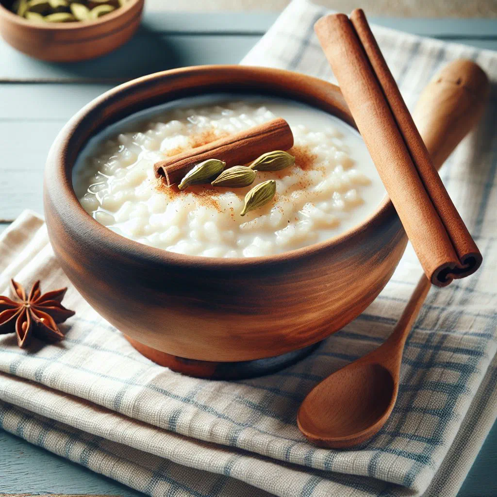 Bowl of creamy Finnish rice porridge dusted with cinnamon and sugar