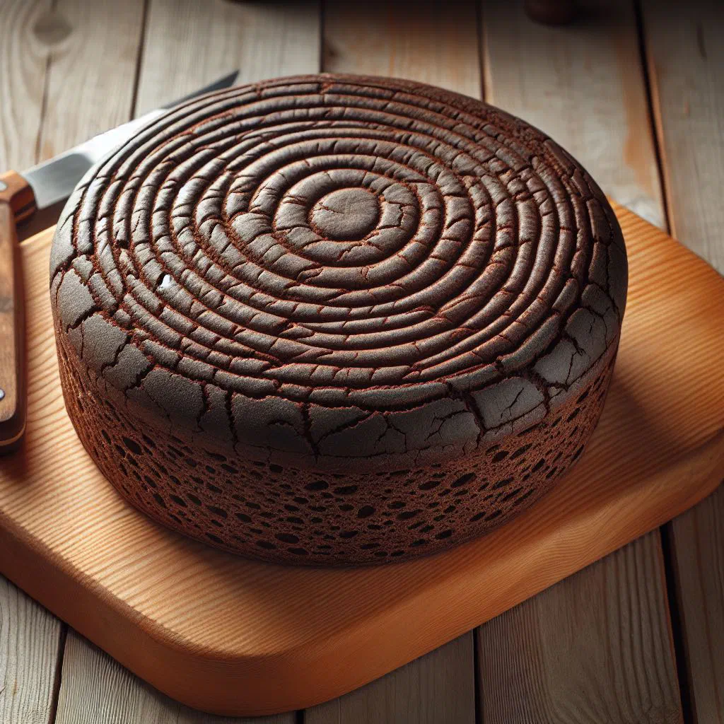 Sliced dark Finnish rye bread on a rustic wooden board