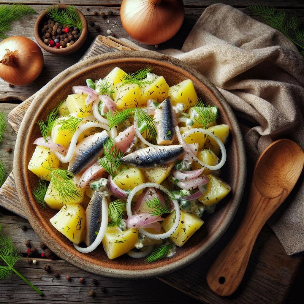 Marinated herring served with creamy potato salad and fresh dill