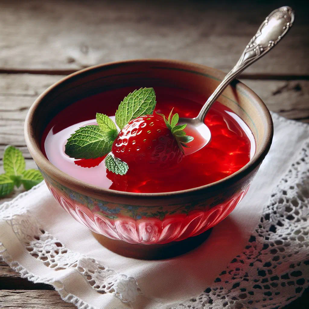 A glass of thick strawberry kiisseli topped with fresh strawberries and mint
